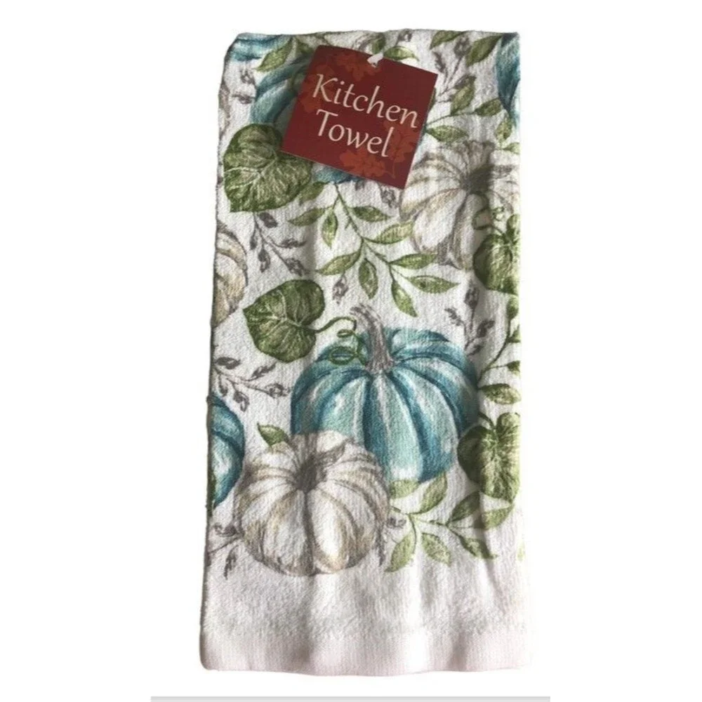 Thanksgiving Teal Pumpkins Kitchen Dish Towels Set of 2 Fall Harvest Autumn